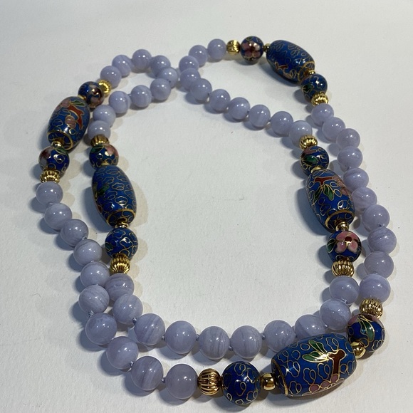 Vintage Blue Cloisonné And Blue Lace Agate Station Necklace 26” Unique